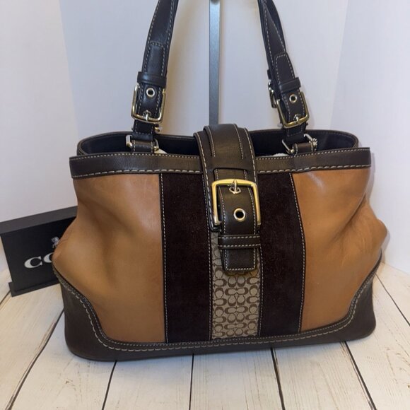 Y2K Coach Hampton Striped Suede & Canvas Satchel Purse 60773-F11345 15x9x6” GUC* - Picture 1 of 9